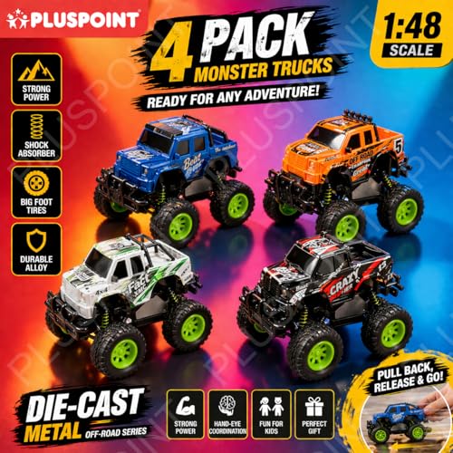 Image of PLUSPOINT 4 Pack Die-Cast Monster Trucks for Kids, Pull Back Toy Cars 1:48 Scale, Metal Body Off-Road Big Tire Trucks with Shock Absorbers, Durable Mini Monster Truck Set for Boys and Girls Ages 3-8