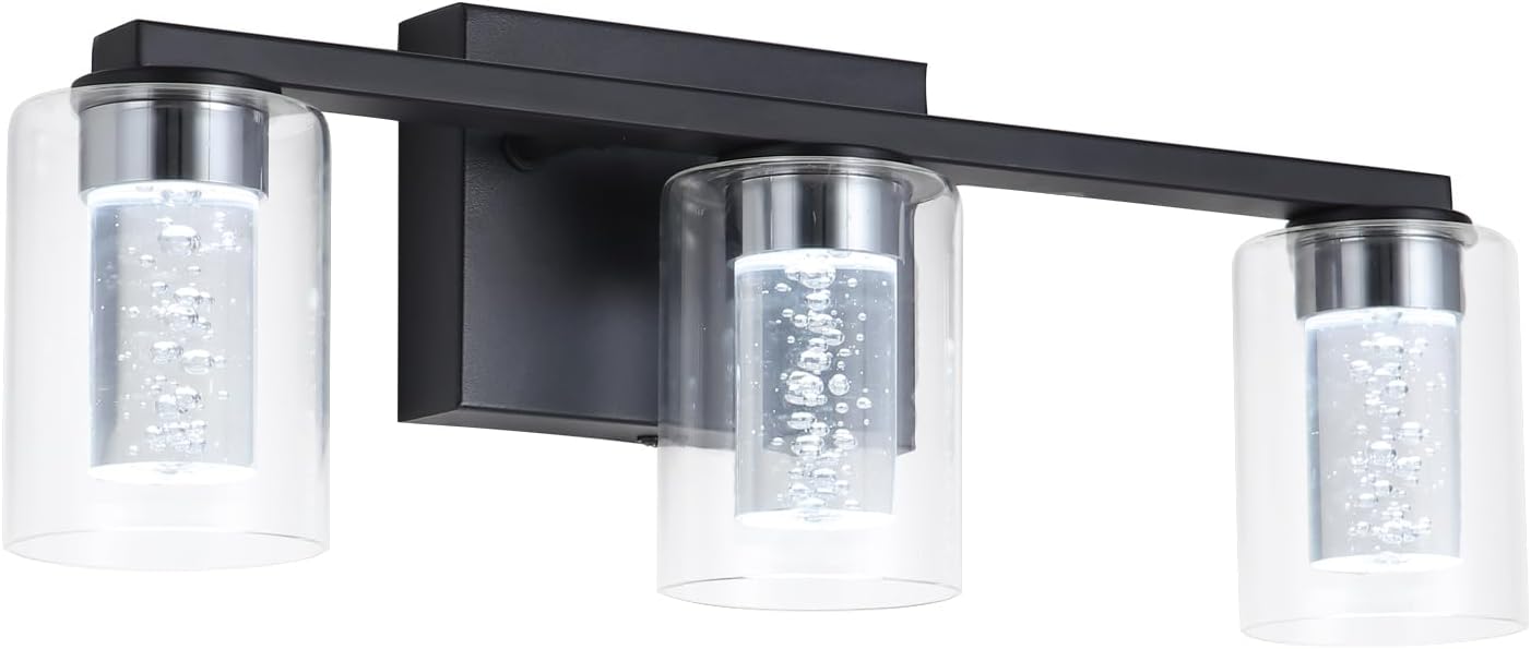 3-Light Bathroom Light Fixtures, Black Modern Vanity Lights with Clear Glass Shade, Bathroom Wall Lamp with Crystal Bubble for Mirror Kitchen Living Room Hallway