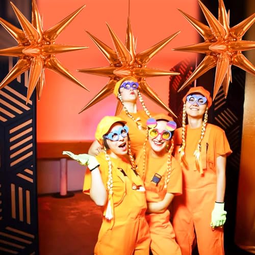 Image of TONIFUL 4 Pcs Explosion Star Balloons Orange Foil Balloon Party Decorations | 22 Inch Large Mylar Star Balloon for Halloween Party Decor Graduation Sunset Themed Birthday Baby Shower Photo Booth Supplies