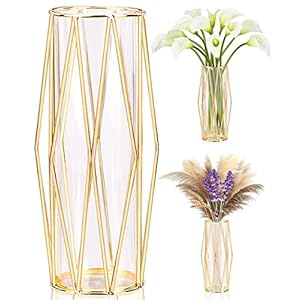 Gold Vasen Deko für Pampasgras – Skandinavische Hochbodenvase mit Metallgestell für Hochzeitsmittelpunkt oder Schreibtischbüro, 28cm hoch