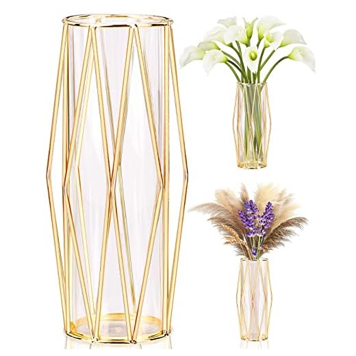 Jarrones Decorativos Modernos con Soporte Metálico Geométrico, Terrario Cristalino, Florero de Vidrio para Plantas Hidropónicas y Flores, Centro de Mesa para Bodas y Decoración de Interiores