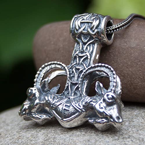 Large Thor Hammer Mjolnir Necklace 925 Sterling Silver - Odins Viking Pendant with Thors Goats and Runes - Mens Pagan Nordic Norse Mythology Jewelry for Men - Handmade - 1oz (27 g)2