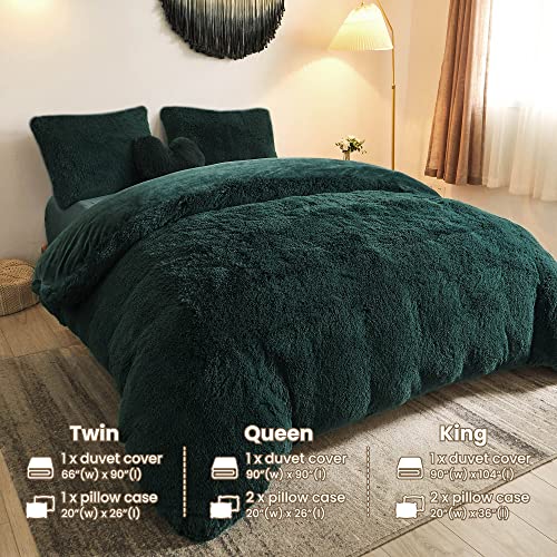Mego Luxury Shaggy Plush Duvet Cover Set, Ultra Soft 3 Pieces Fluffy Faux Fur Comforter Cover Set, Fuzzy Bedding Set(1 Furry Duvet Cover + 2 Pillow Shams), Zipper Closure(Queen, Dark Green) #TOP2