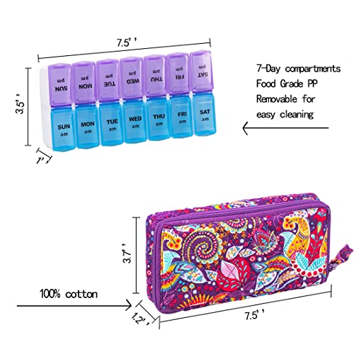 Image of Weekly Pill Organizer 2 Times a Day, Zumd Pill Box 7 Day with Cute Quilted Fabric Zipper Case, Travel Pill Case Am Pm for Vitamin Medicine Organizer
