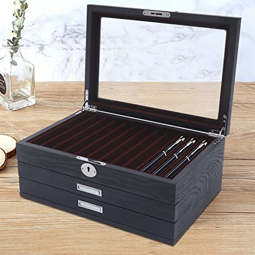 Hanmorfarbi Caja expositora de madera con 3 capas con cerradura, soporte para pluma estilográfica con ventana de pantalla, color negro, caja organizadora, caja para 34 plumas estilográficas
