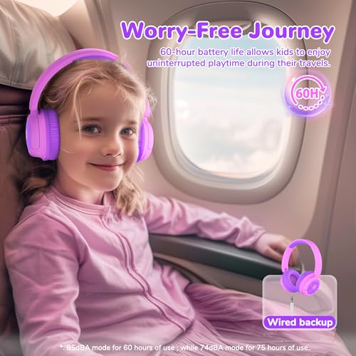 Image of iClever BTH22 Kids Bluetooth Headphones, 60H Play Time, 74 /85 dBA Safe Volume, Bluetooth 5.4, USB C, Over Ear Kids Headphones Wireless with Mic AUX Cord for iPad /Tablet /Travel /School (Magenta)