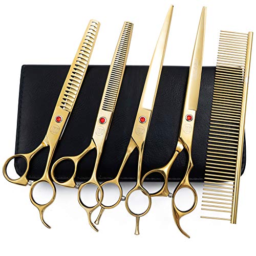 Image of Moontay Professional Dog Grooming Scissors Set, 7 Inch & 8 Inch Curved & Thinning Scissors, Pet Grooming Comb