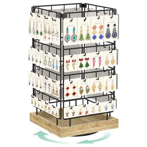 Image of EsLuker.ly Rotating Earring Display Holder Stand for Vendors Events Selling, Large Capacity 64 Hooks Jewelry Rack with Wooden Base for Earring Card Sales, Enhances Retail Display Visibility