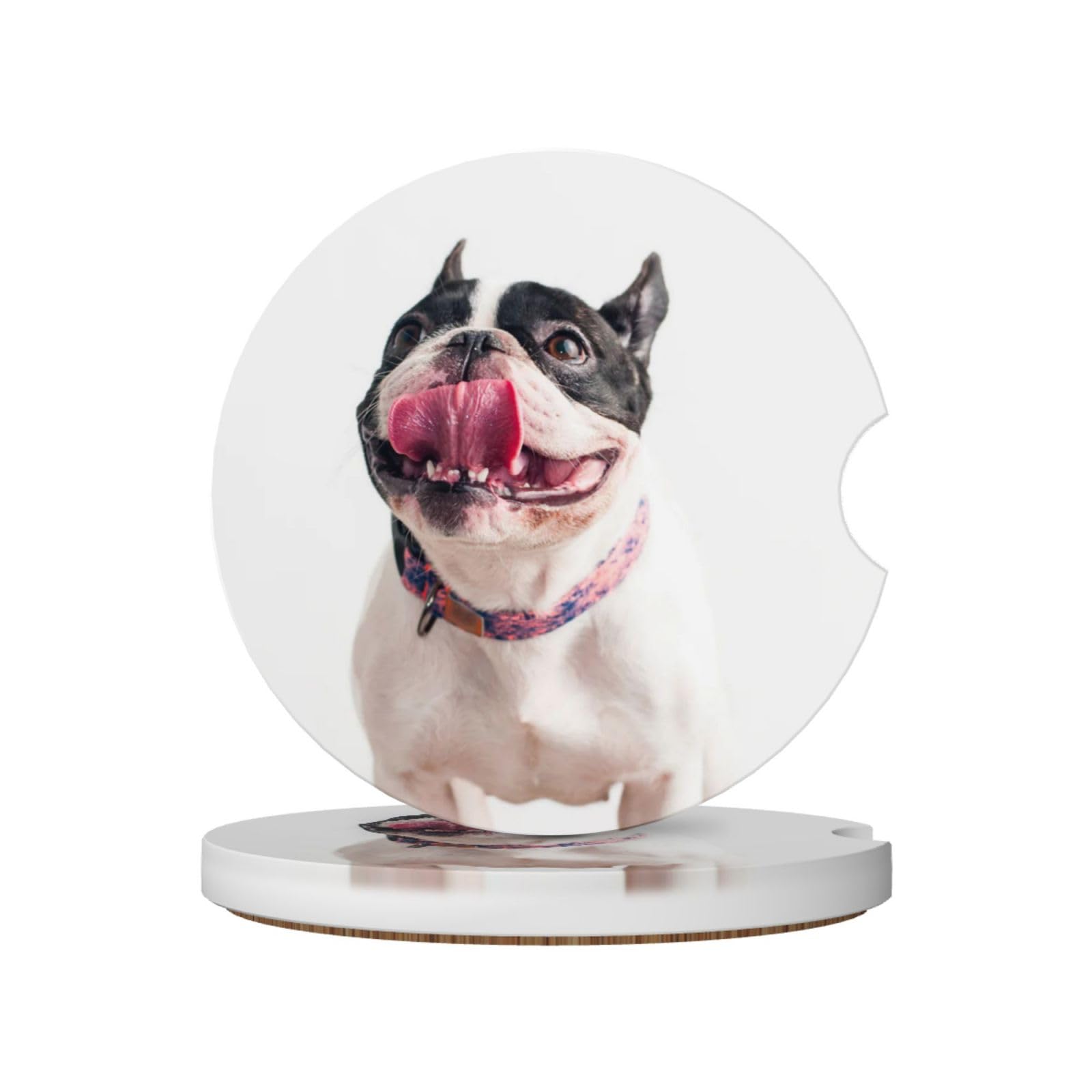 Happy Curious Dog French Bulldog, Car Cup Holder Coasters 2 Pack, Absorbent Ceramic Car Coasters with Non Slip Cork Base