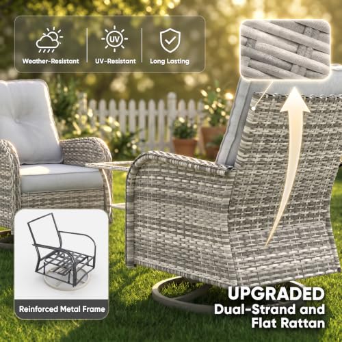 Image of 6-Piece Small Patio Furniture Set, Outdoor Swivel Rocking Chairs Set with Wicker Chairs and Tempered Glass Side Table, Outdoor Furniture Patio Bistro Set for Balcony, Deck, Porch