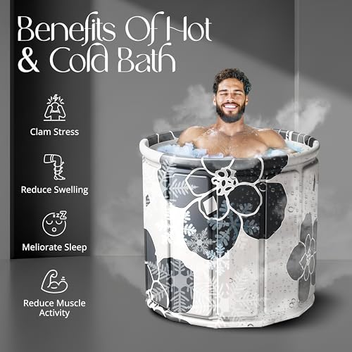 Image of Bath Tub for Adult for Bathroom, Foldable SPA Tub for Home Use with Drainage Hole, Thickened Insulated Ice Bath Tub, Inflatable BathTub for Adults, Ice BathTub for Adults (Black-White)
