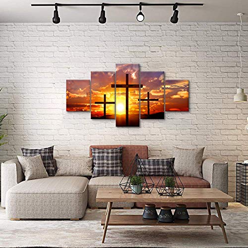 Viivei Christian Sunset Crosses Cross Wall Art Christ Poster Canvas Prints Art Home Decor For Living Room Modern Pictures 5 Panel Large Hd Printed Painting Artwork Framed Ready To Hang (60" Wx32 H) #TOP5