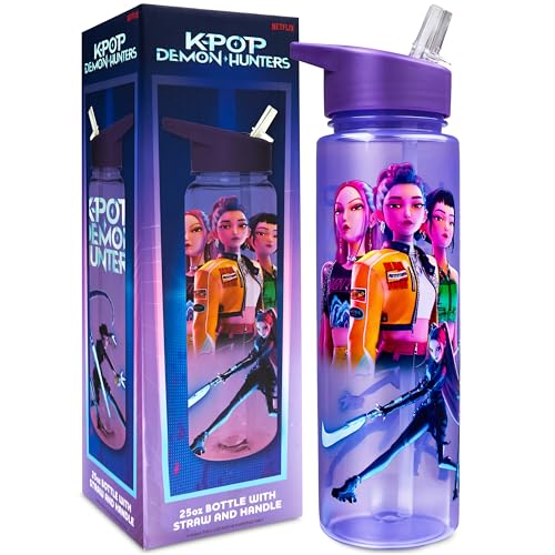 KPop Demon Hunters Oficial Botella de Agua 700ml con Pajita Abatible, Guerreras Kpop...