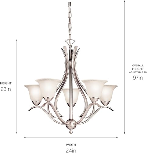Vista 8 de Kichler Dover - Lámpara de araña de 23 pulgadas en níquel cepillado, 5 luces clásicas para vestíbulo o comedor con vidrio semillado grabado