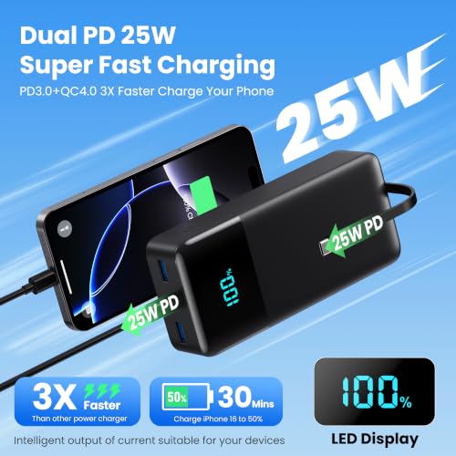 Image of Portable Charger 70800mAh Power Bank with 3 Built-in Cable,25W PD USB C Power Bank Fast Phone Charging,QC4.0 Travel Outdoor Essential Portable Phone Battery Pack for iPhone 17 /16 /15 /14,Galaxy Android