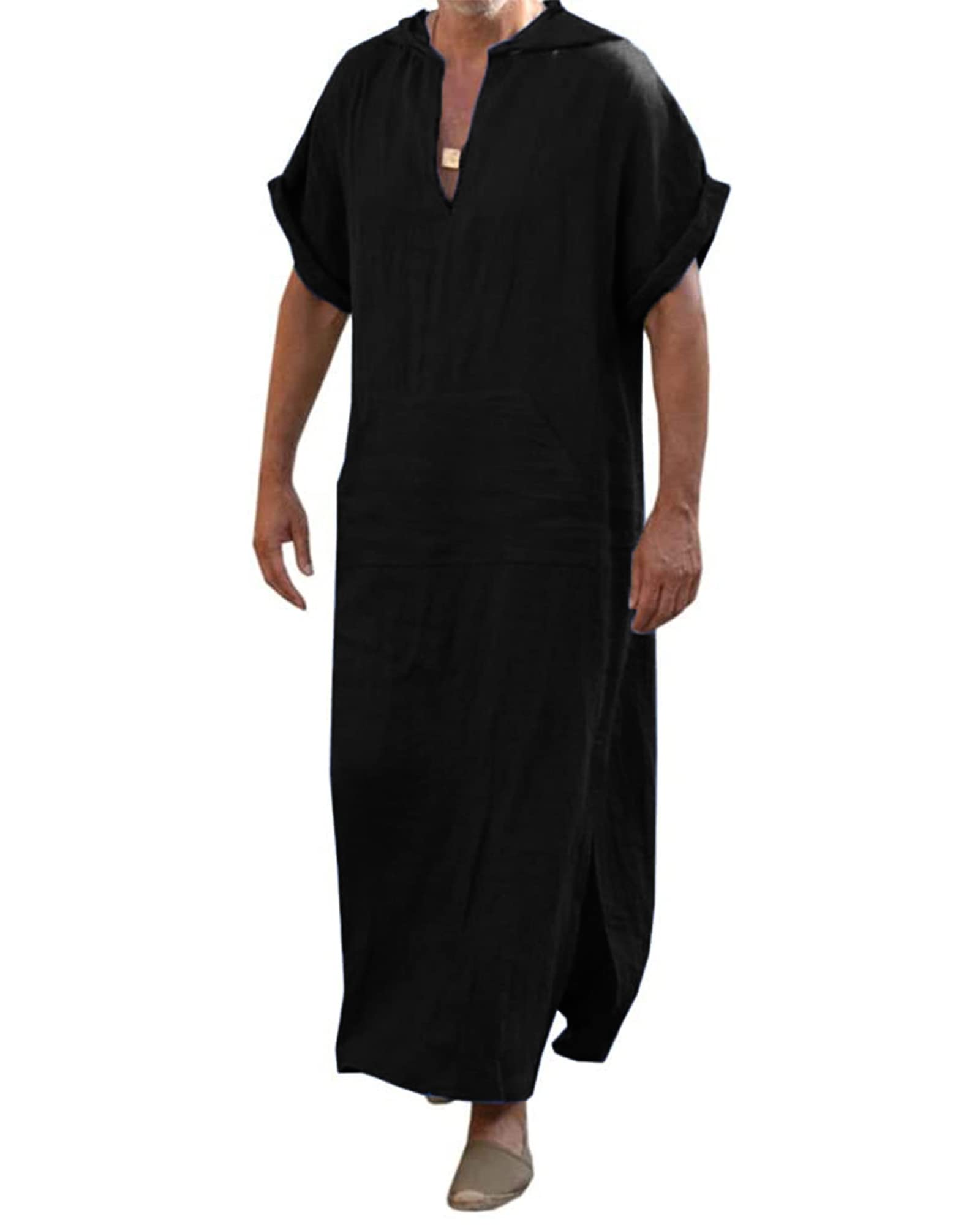 Thobe Men's Short-Sleeved Kaftan with Pockets Black L