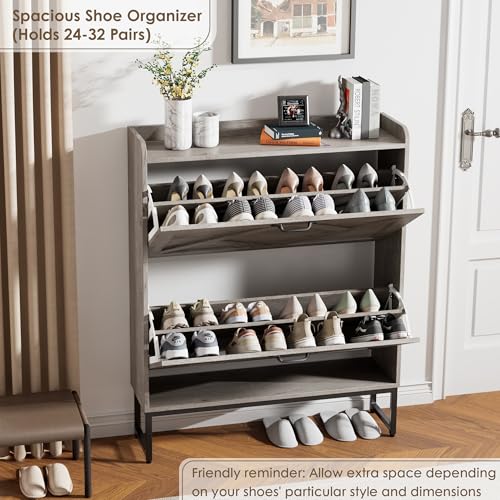 Image of Nicetree Shoe Cabinet Storage for Entryway,Narrow Shoe Storage Cabinet, Space-Saving Shoe Organizer Cabinet, Vertical Entryway Solution for Foyer, Mudroom, Gray