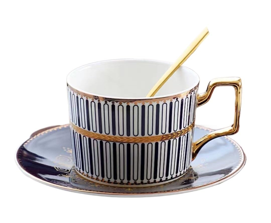 Einfache Keramik-Kaffeetasse*Milchtasse* Lustiges Kaffeetasse-Teetasse-Tasse- und Untertasse-Löffel-Set, modisch bedruckte Keramik-Kaffeetasse mit Goldgriff und Knochenporzellan, geeignet for Nachmitt