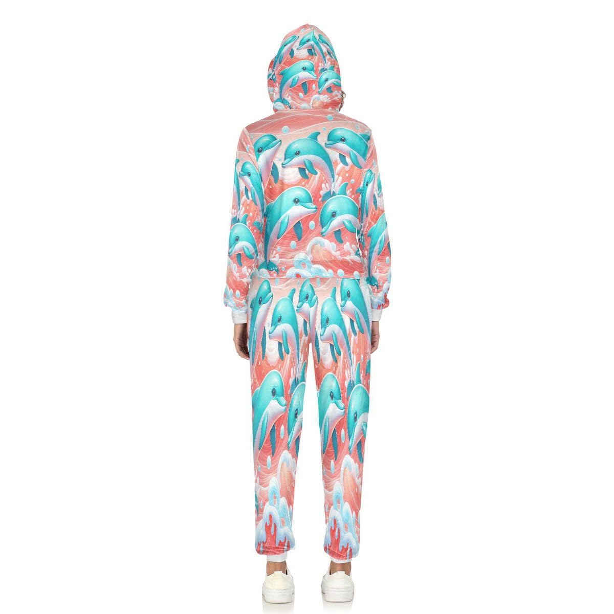 Conjunto deportivo de 2 piezas para mujer, diseño de delfín, color turquesa y blanco, de manga larga, con estampado de delfines oceánicos