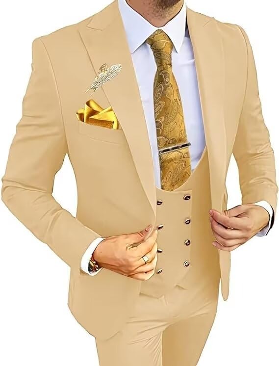 Men's Suits 3 Piece Solid Color Peak Lapel Slim Fit Formal Groomsmen Wedding Prom Blazer Jacket Vest and Pant