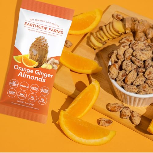 Image of Earthside Farms Orange Ginger Almonds Snack Packs, No Sugar Added Keto Friendly Nuts, Vegan Gluten Free Non GMO Plant Protein Treat, 1oz Individual Bags 6 Count
