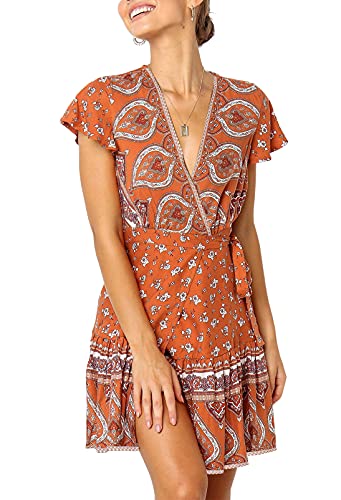 ZESICA Women’s Summer Wrap V Neck Bohemian Floral Print Ruffle Swing A Line Beach Mini Dress Tangerine ZESICA Women’s Summer Wrap V Neck Bohemian Floral Print Ruffle Swing A Line Beach Mini Dress Tangerine