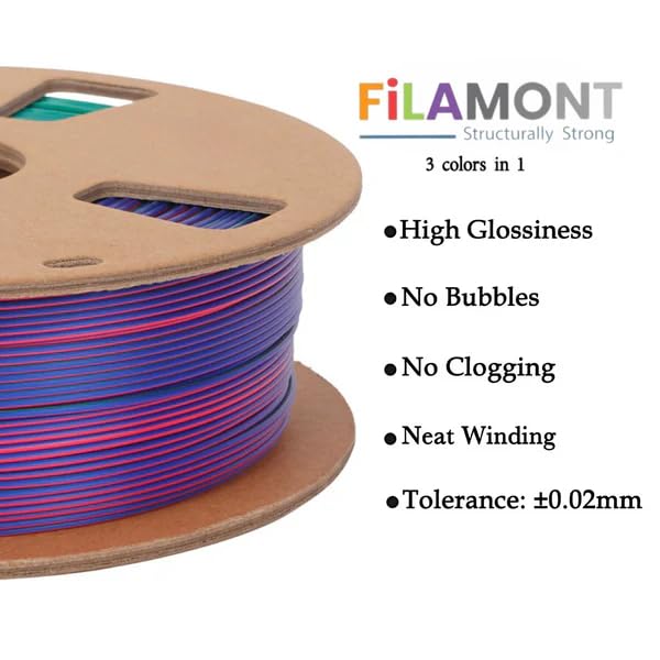 Image of Filamont Silk Tri-Color PLA 3D Printer Filament 1.75mm, Red Green Purple, 1kg Spool, Premium Glossy Finish, High Precision ±0.03mm, Smooth Jam-Free Printing, Compatible with FDM 3D Printers