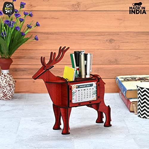 Image of GKD Deer Showpiece & Desk Organizer with Desk Calendar 2024 and Table Clock, 3D Wooden Deer Figurine is Unique Gift and Office Desk Study Table Decoration Items (Eco Friendly Made in India) (Red)