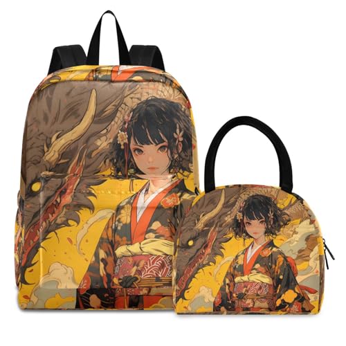 Backpack Lunch Bag Set Dragon Lady Anime Print, Big Storage Travel Backpacks with Insulated Lunch Box for Office Hiking Picnic