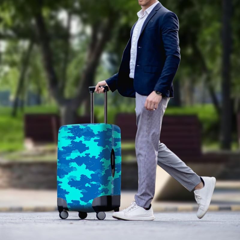 Turquoise Blue Camouflage Print Luggage Covers Cartoon Tie-Dye Camo Pattern Dustproof Anti-Scratch Suitcase Cover Fits 18-32 Inch for Trolley Baggage Hiking Holiday -L3