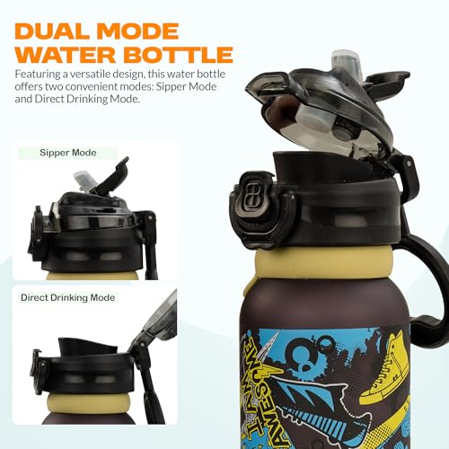Image of BAYBEE 2 in 1 Baby Sipper Bottle for Kids | Anti-Spill BPA Free Baby Water Bottle with Silicone Straw & Carry Handle | 900 ML Drinking Water Bottle for Kids Toddlers 12+ Months Boys Girls (Black)