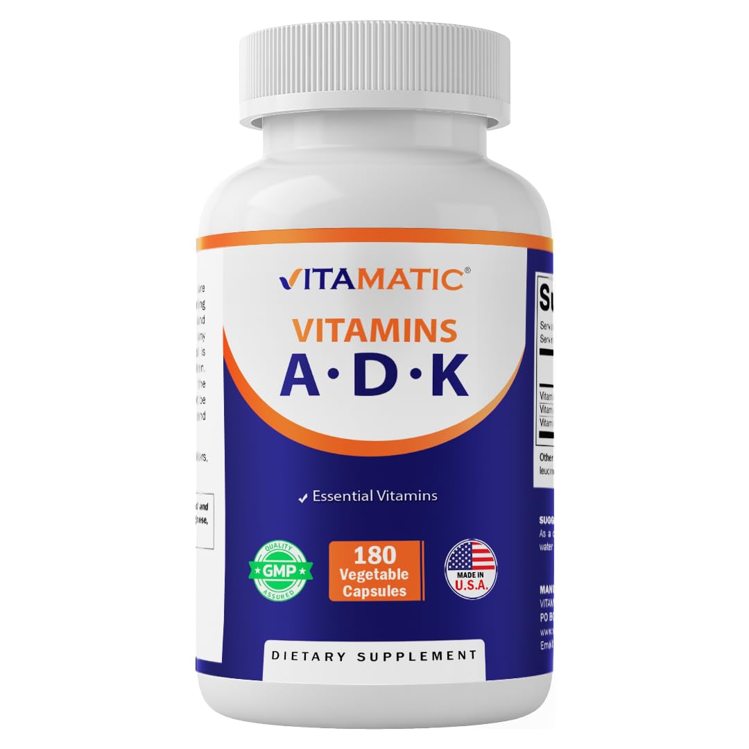 ADK Vitamin Supplement, 180 Veg Capsules, High Potency Vitamins A, D3, K2 for Bone Health, Calcium Absorption, Non-GMO, Gluten Free