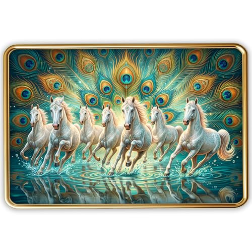 Image of Dharvika Innovations Vastu 7 Seven Running Horse Photo Frame, Golden Slim Frame, Sparkle Coated Lamination, 30x45 cm (Design 19)