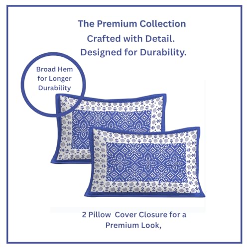 Image of JAIPUR PRINTS 100% Cotton Bedsheet for Double Size Bed bedsheets Rajasthani Jaipuri Printed Double Size Bedsheet with 2 Pillow Cover / 90x100 inch / 235x215 cm / (Blue & White)
