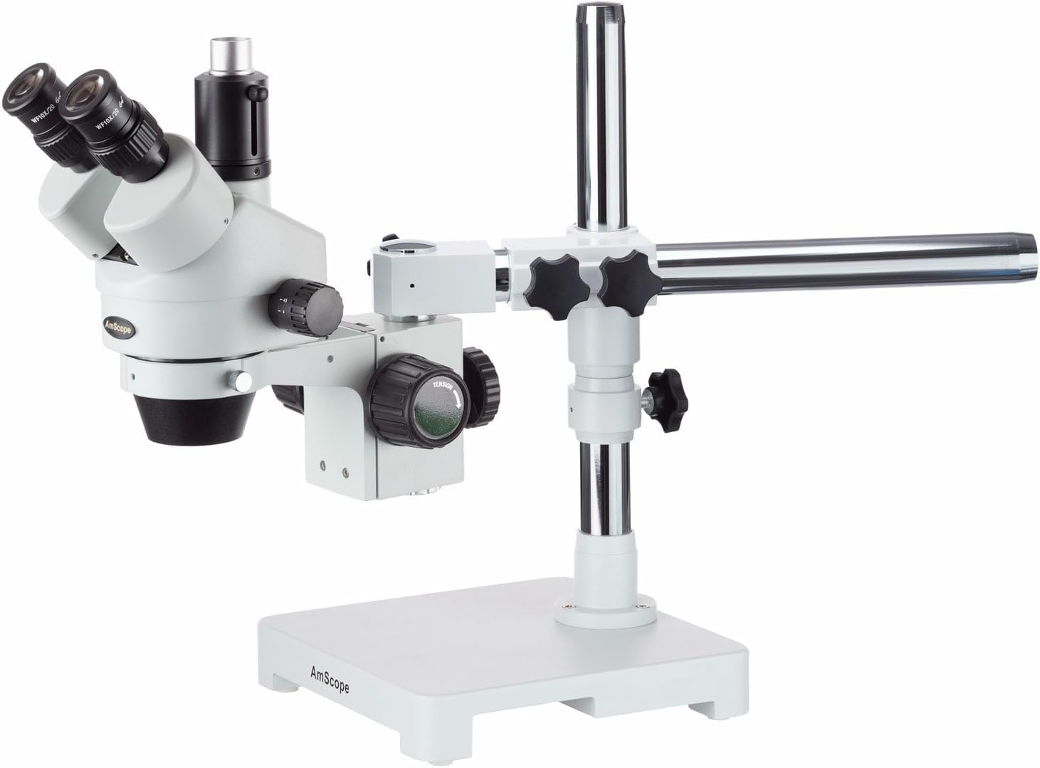 AmScope SM-3TX Professional Trinocular Stereo Zoom Microscope, WH10x Eyepieces, 3.5X-45X Magnification, 0.7X-4.5X Zoom Objective, Ambient Lighting, Single-Arm Boom Stand, Includes 0.5X Barlow Lens