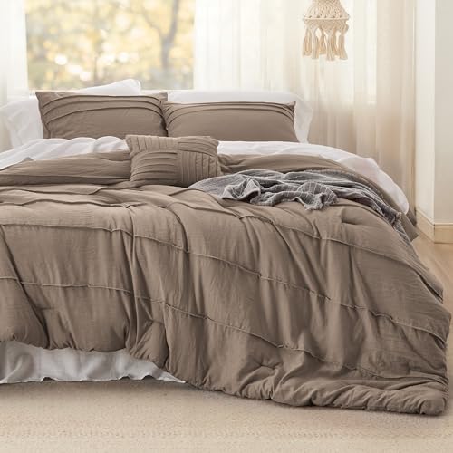 Image of Bedsure Twin Comforter Set - 3 Pieces Pinch Pleat Bed Set, Brown Boho Bedding for All Season, 1 Soft Comforter, 1 Pillowcase, 1 Decorative Pillow
