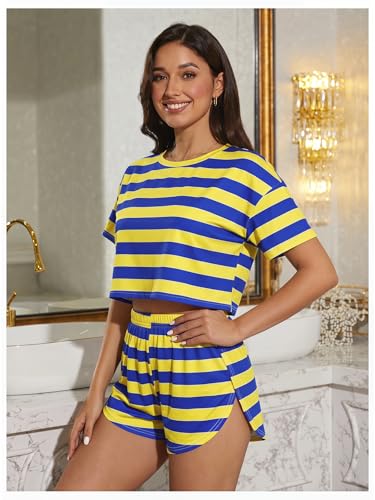 Image of OYOANGLE Womens Pajama Sets 2 Piece Sexy Lounge Sets Summer Cute Pjs Striped Print Tee and Side Split Shorts Set