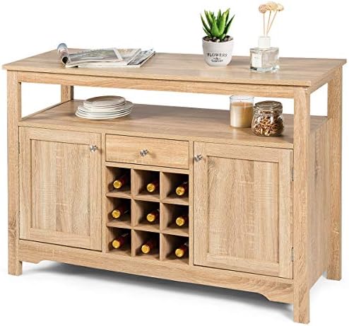 Giantex Buffet Server Sideboard, Console Table, Wood Dining Table, Cupboard Table with 2 Cabinets, 1 Drawer and 9 Wine Cabinets, Storage Organizer Kitchen and Dining Room (Natural)