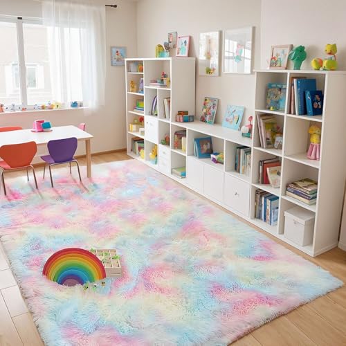 Poboton Rainbow Fluffy Rug, 4X6 Ft, Durable & Aesthetic Home Decor