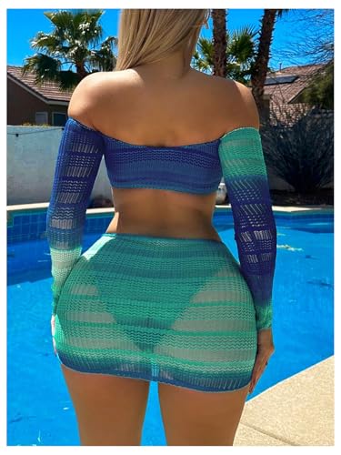 SOLY HUX Women's 3 Piece Bathing Suit Gradient Off Shoulder Long Sleeve Swimsuit Bikini Sets with Beach Skirt2