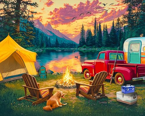 Rompecabezas Springbok 'Camping en el lago', 1000 piezas para adultos | Piezas de corte único, fabricado en EE.UU., materiales ecológicos, incluye póster miniatura 1