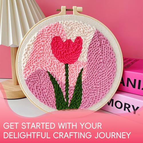Image of PATPAT 20x20CM DIY Tufting Art Craft Kits Cute Pink Tulip Punch Needle Kit Embroidery Kit for Beginners DIY Hoop Embroidery Kit with Punch Needles, Hoop, Handmade Art Kits Gift for Kids Adults