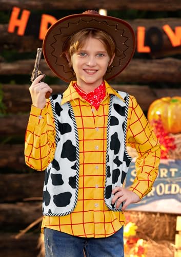 Halloween Kids 3Pcs Plaid Button Up Woody Shirt with Cowboy Vest and Red Bandana Outfit Set 4-14 Years2
