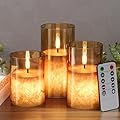 VIODAIM Crystal Texture Design Flickering Flameless Candles with Remote & Timer, Real Wax Battery Operated Candles with Flickering Flame, Realistic Battery Candles, Gold Glass - 3Pack [3"×4"/5"/6"]