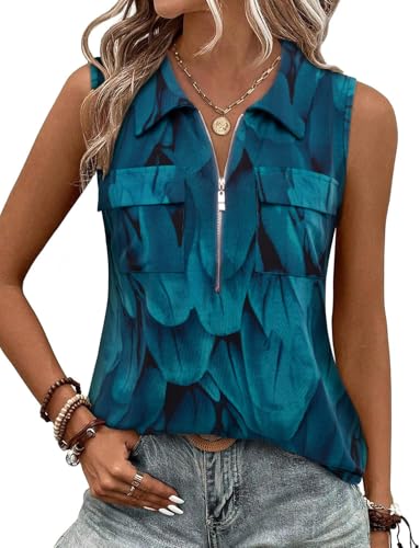 Bulotus Womens Tank Tops Summer Collared Quarter Zip Blouses Sleeveless V Neck Shirts Business Casual Tunic for Leggings