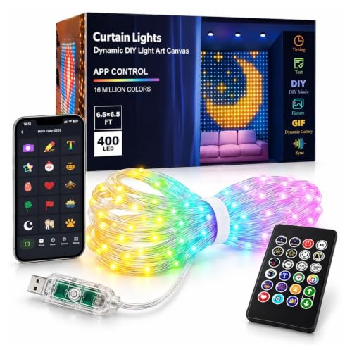 La Secuencia Cortina Del LED Impermeable Enciende 400 Luces Elegantes Rgb Con El Control Remoto Aplicación Sincronización Música DIY Foto Gif Pantalla Texto Alimentado(A1,9.84ft x 9.84ft)