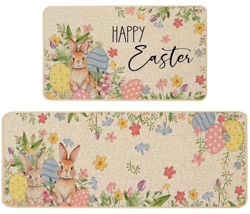Baccessor Happy Easter Kitchen Rugs Set of 2, Bunny Rabbits