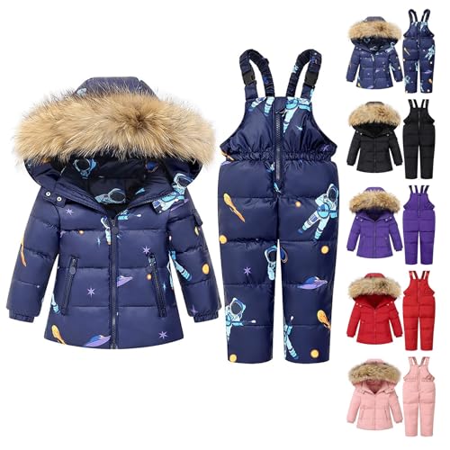 Kids Snowsuit Toddler Winter Hooded Furry Down Boys Girls Jacket Coat and Ski Bib Pants Warm Fashion Outwear