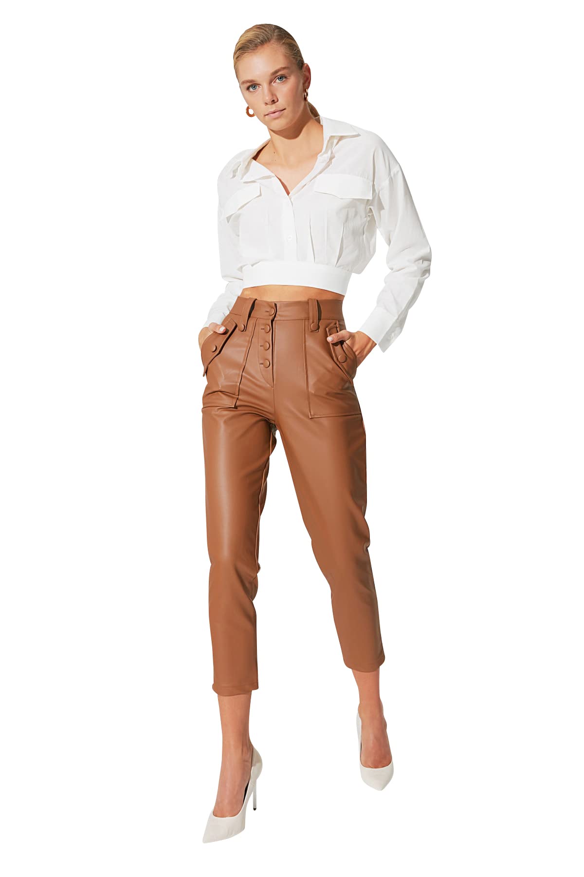 Trendyol Women Design Regular Waist Straight Leg Straight Trousers Camels