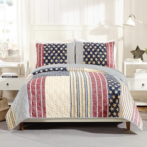 MODERN HEIRLOOM Americana Quilt with 1 Sham, Rustic 2-Piece Reversible All Seasons Quilt Set, Lightweight Coverlet Set, Twin/Twin XL, Red/Blue